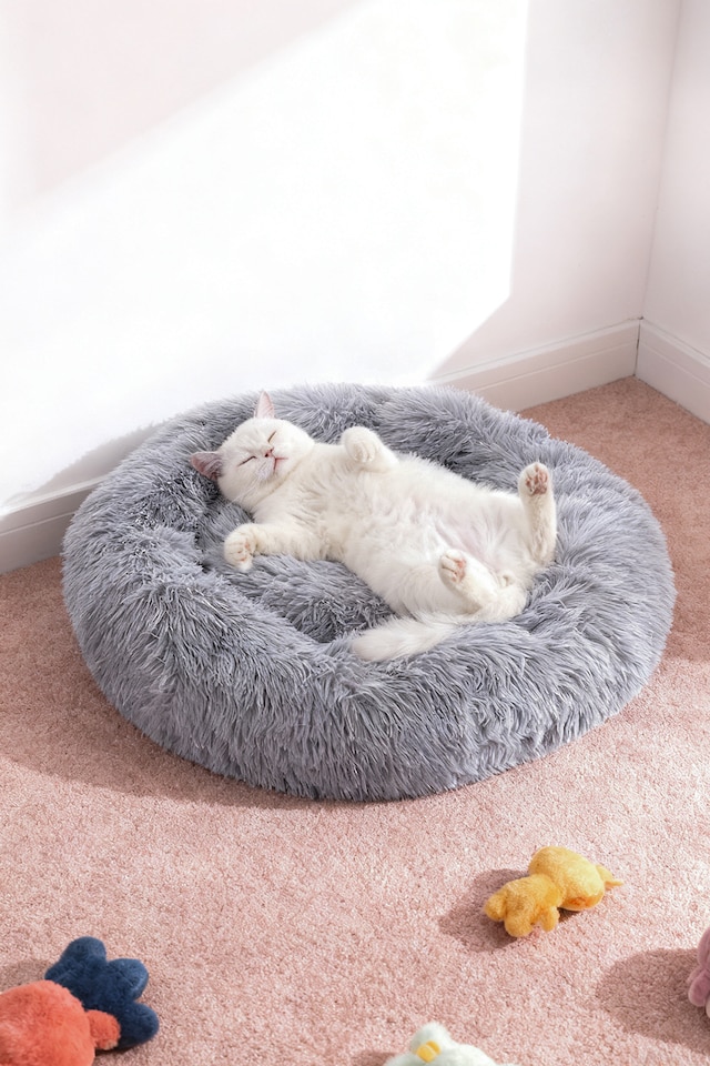 image 1 of Living and Home Calming Round Donut Plush Dog Cuddler Bed | Grey | Light Grey