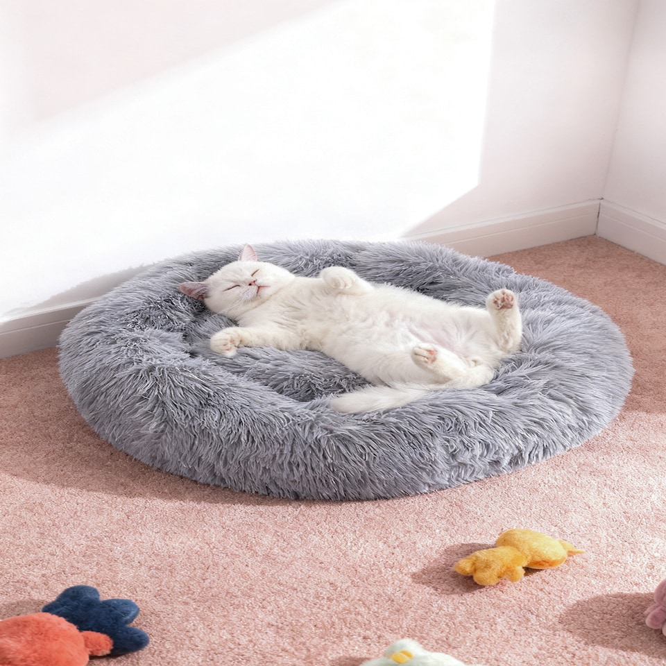 image 1 of Living and Home Calming Round Donut Plush Dog Cuddler Bed | Grey | Light Grey