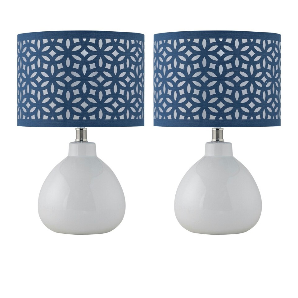 image 1 of First Choice Lighting Set of 2 Tuscan White Ceramic Lamps with Navy Blue Cut Out Shade White | Blue