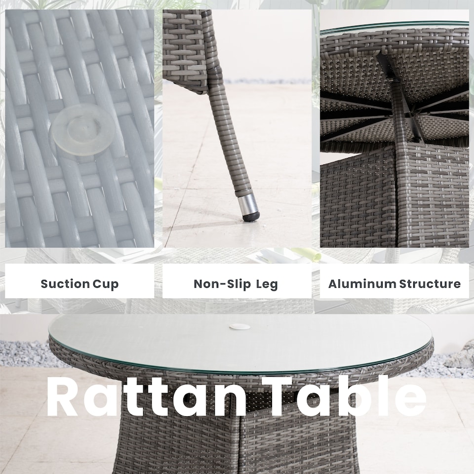 image 1 of Direct Wicker Outdoor 4 Person Rattan Round Dining Table, Aluminum Frame with Tempered Glass Top, Umbrella Hole | Grey
