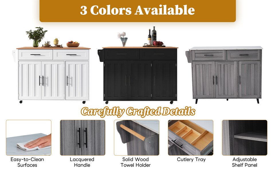 image 1 of VILUXE Mobile Kitchen Island with Foldable Worktop, 2 Drawers, Adjustable Shelves, Towel Rail, Wheels and Solid Wood Feet, Grey and White