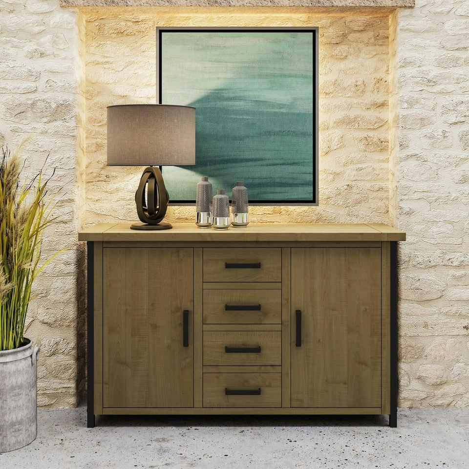 image 1 of Lowry 2 Door 4 Drawer Large Sideboard Driftwood Lacquered Solid Reclaimed Pine Brown