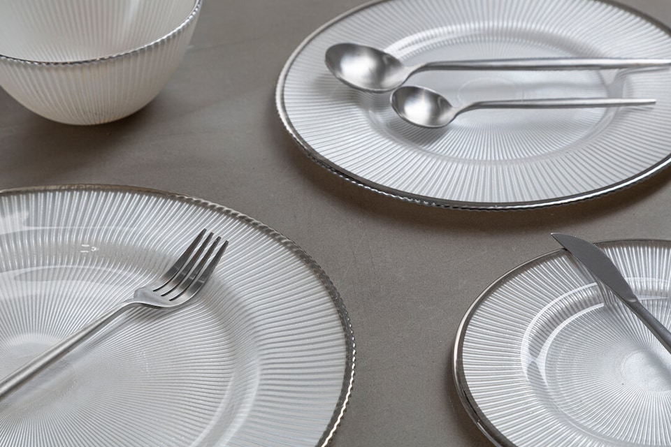 image 1 of Ida White Embossed Glass Dinner Plate with Silver Rim