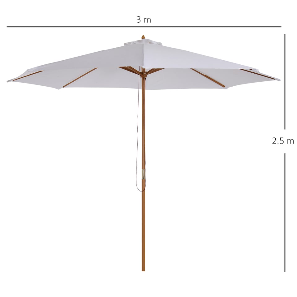image 1 of Outsunny 3m Garden Parasol, Pulley Operated Patio Umbrella, Wooden Parasol, Table Market Umbrella with Rope Pulley Mechanism and 8 Ribs, White