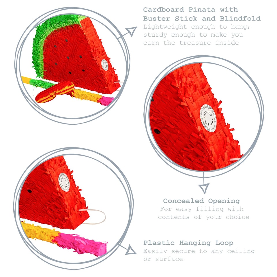 image 1 of Pinatas Watermelon Cardboard Pinata, Stick and Blindfold Set - W42cm x D9cm x H36cm - Red