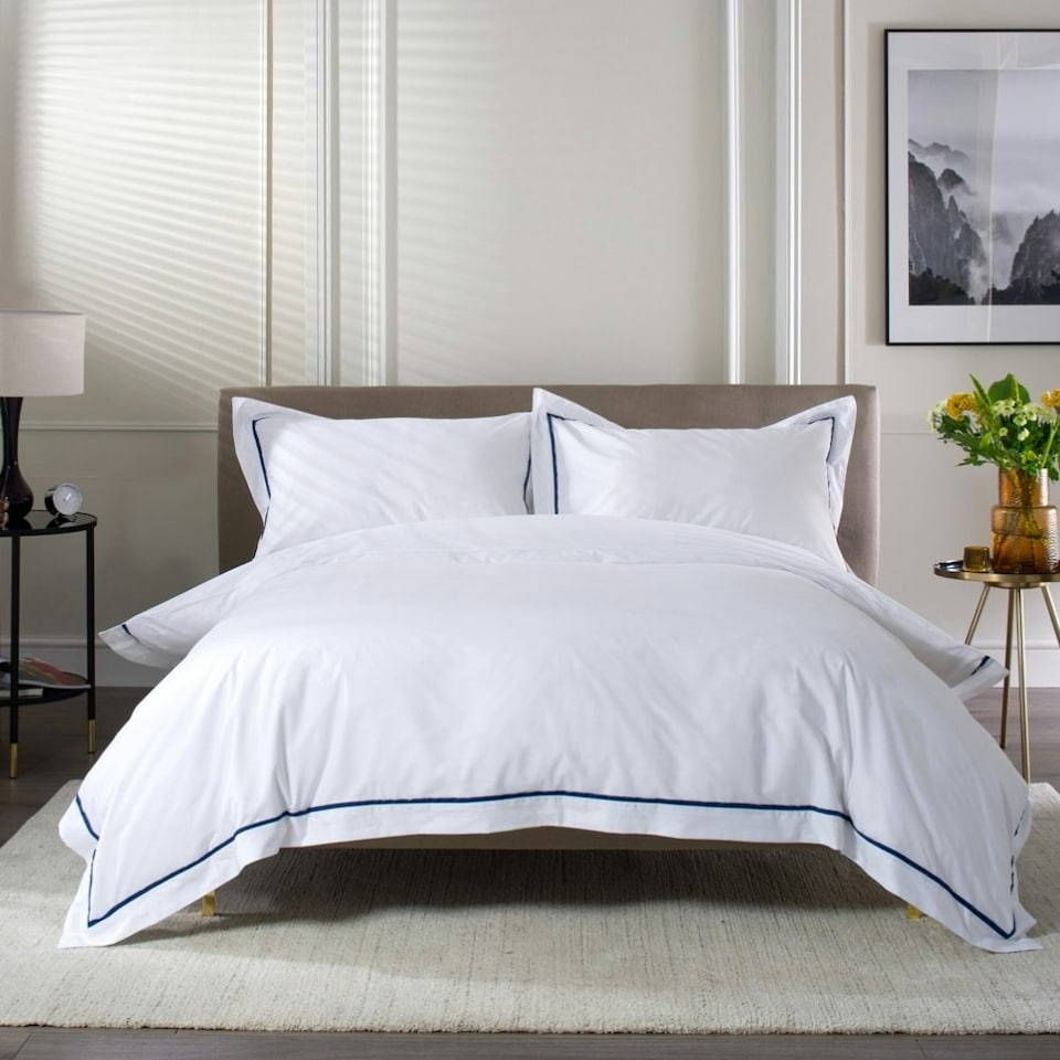 image 1 of Hampstead 100% Cotton Duvet Cover Set – 200 Thread Count with Inserted Ribbon & Oxford Pillowcases Blue | White | Super King