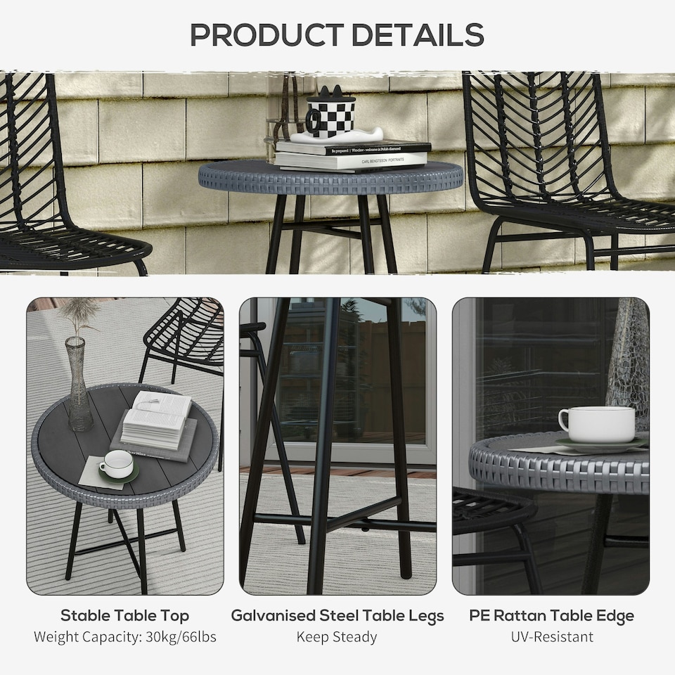 image 1 of Outsunny PE Rattan Side Table for Indoor, Outdoor, Balcony, Patio, Grey