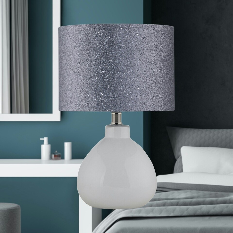 image 1 of First Choice Lighting Tuscan White Ceramic Lamp with Silver Grey Glitter Shade White | Grey
