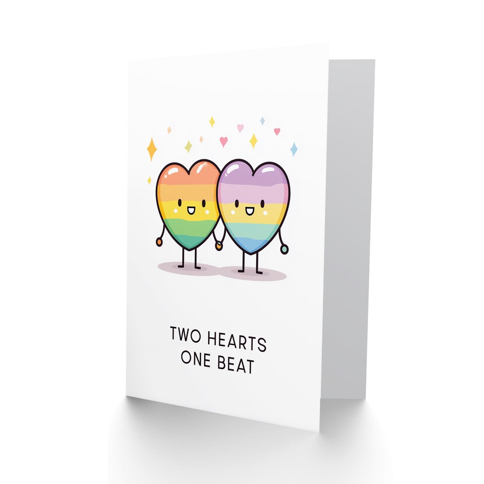 image 1 of Two Adorable Lgbtq Rainbow Kawai Hearts One Beat Valentine's Day Card