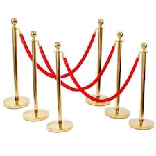 6 Prestige Brass Poles With 4 Red Velvet Ropes