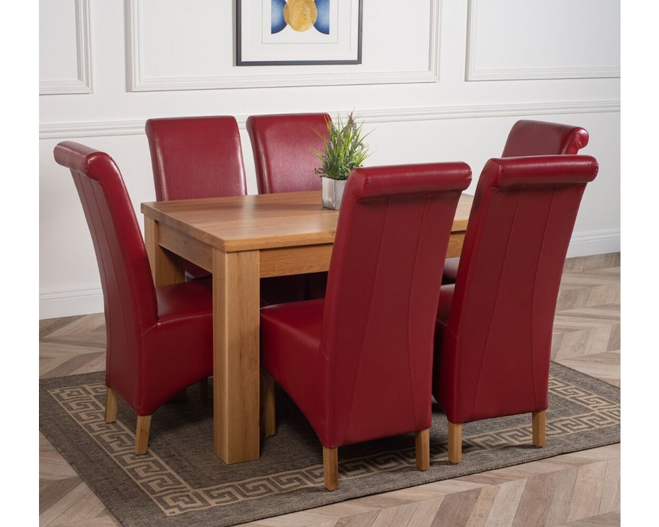 image 1 of Dakota 127 x 82cm Oak Small Dining Table and 6 Montana Leather Chairs | Red | Red
