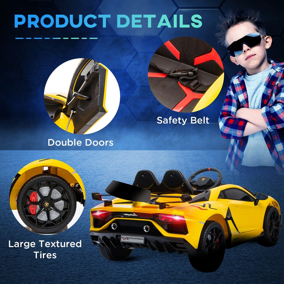 image 1 of HOMCOM Lamborghini SVJ 12V Ride-On Car w/ Lights Music Remote 3-8 Yrs Yellow