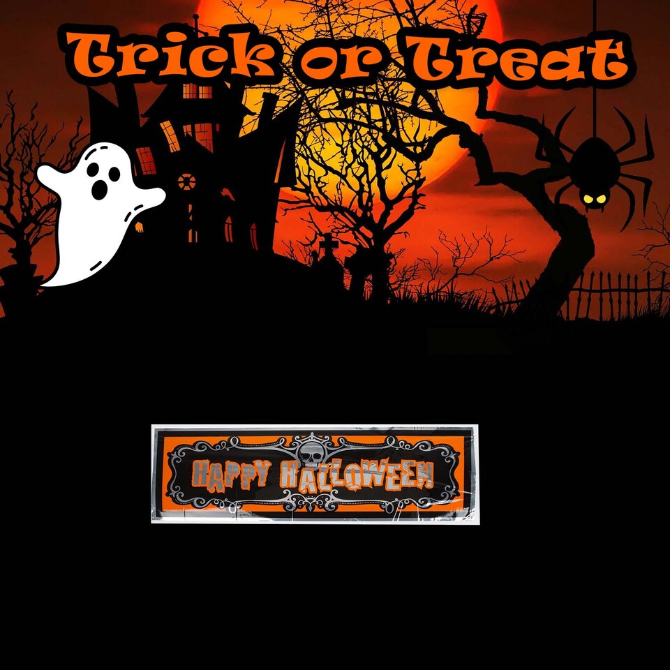 image 1 of PMS Happy Halloween Banner 3ft Decoration - Trick or Treat Party Sign
