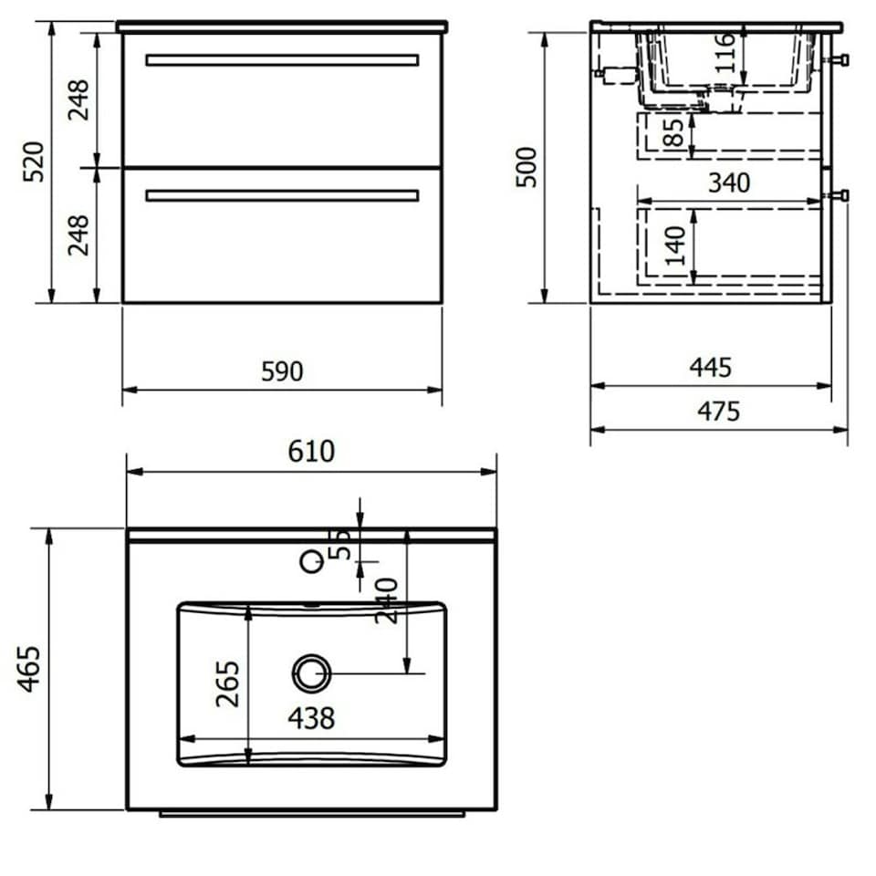 image 1 of Bathroom 2-Drawer Wall Hung Vanity Unit with Ceramic Basin 600mm Wide - White - Brassware Not Included | White | White | 1