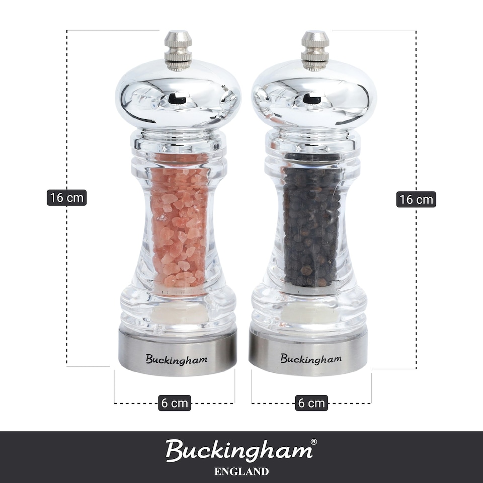 image 1 of Buckingham Clear Acrylic Classic Salt & Pepper Mill Set with Stainless Steel Band