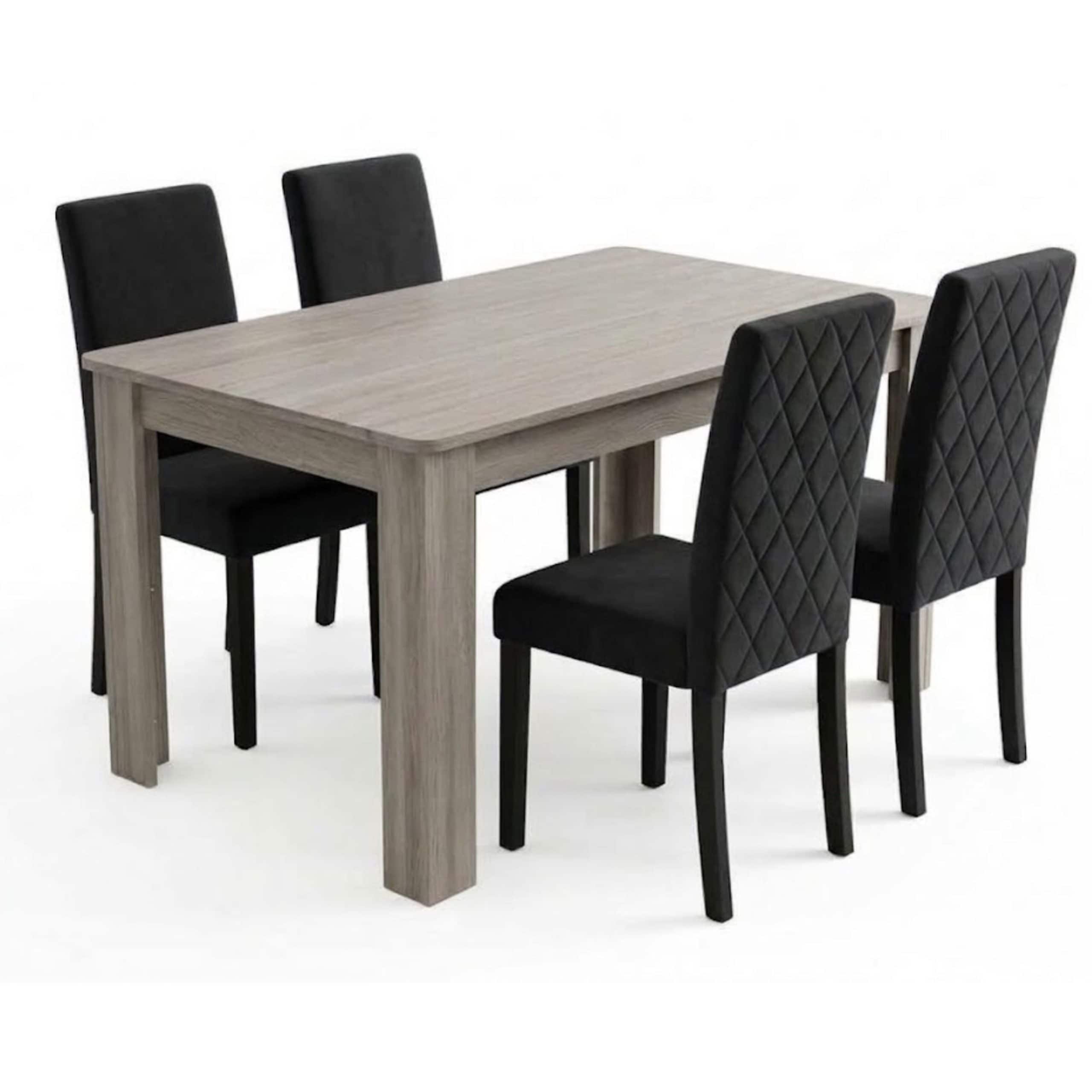Padded Velvet Dining Set with Arrow Grey Table and 4 Black Diamond Stitch Chairs with Wooden Legs