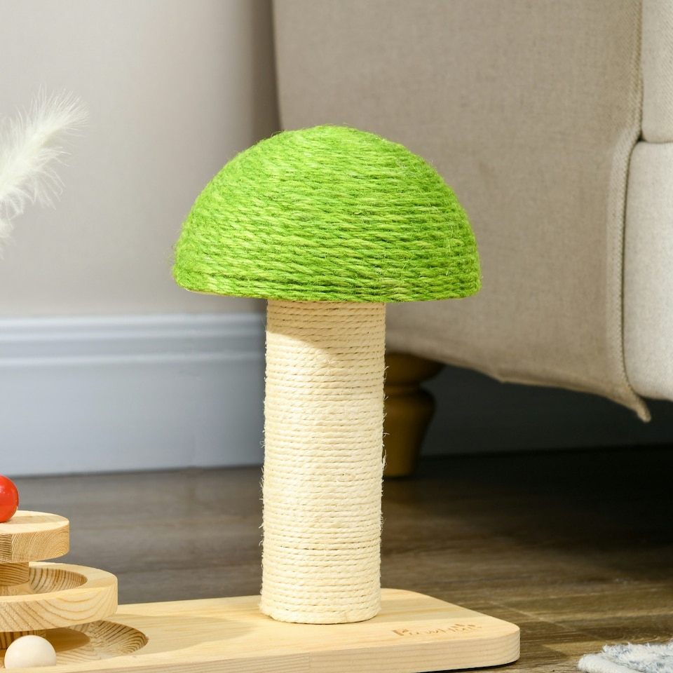 image 1 of PawHut 26cm Mushroom Cat Scratching Post with Toy Balls Feather