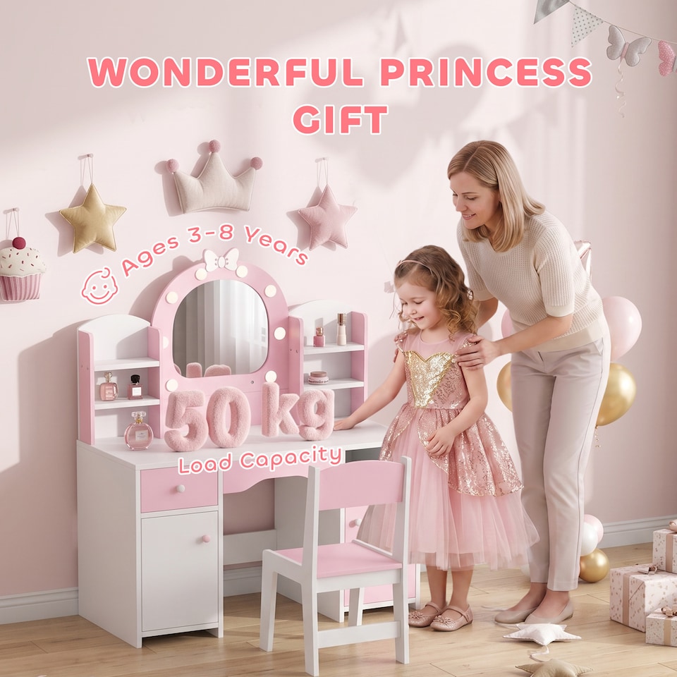 image 1 of AIYAPLAY Kids Dressing Table with Stool, Lighted Mirror, Pink