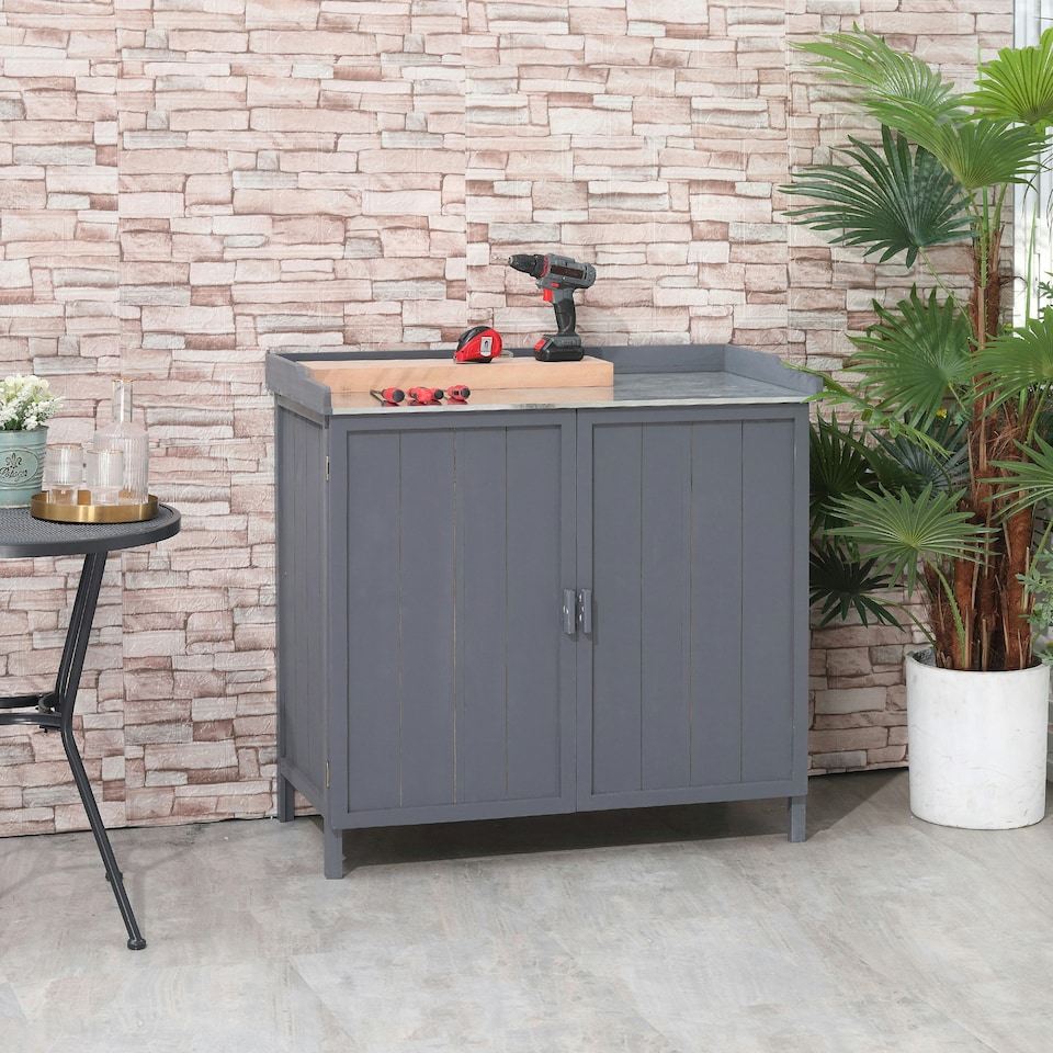 image 1 of Outsunny Garden Storage Cabinet Potting Bench 98W x 48D x 95.5Hcm Grey