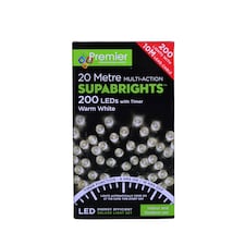 200 LED 16m Indoor Outdoor Christmas Multi Function Mains Operated String Lights with Timer in Warm White