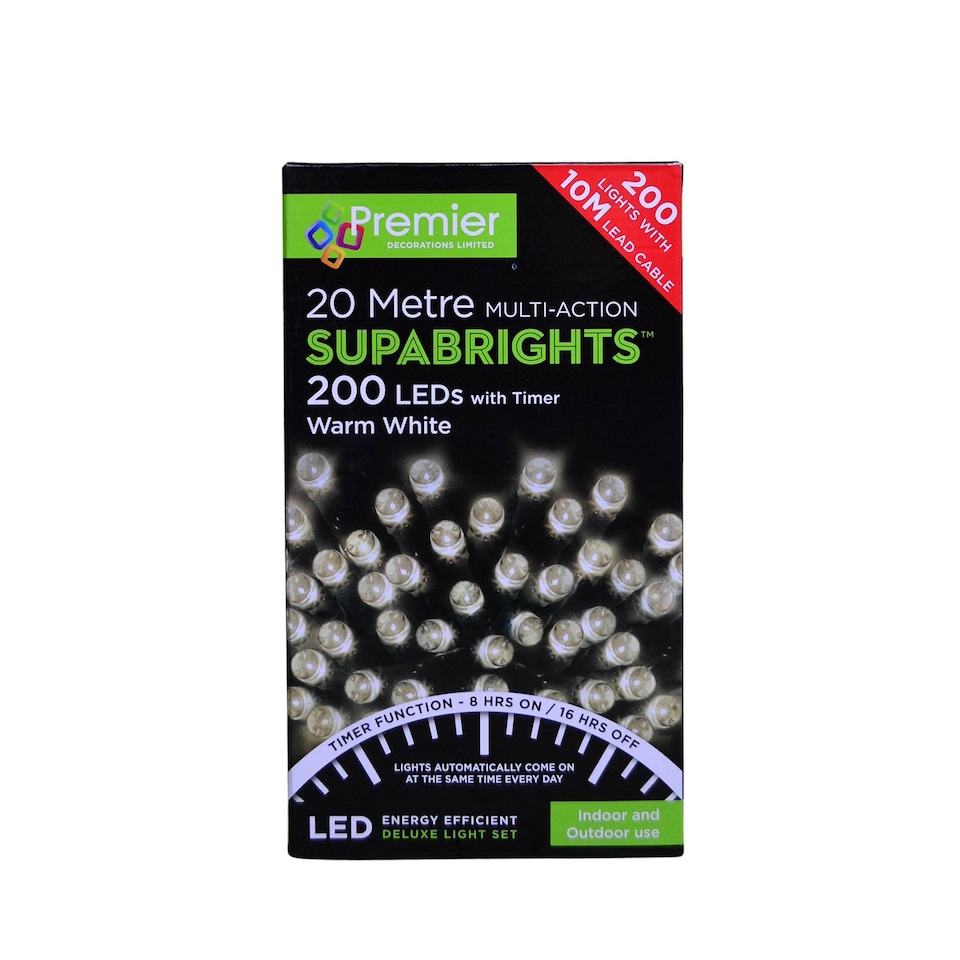 image 1 of 200 LED 16m Indoor Outdoor Christmas Multi Function Mains Operated String Lights with Timer in Warm White