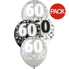 Unique Party Latex Glitz 60th Birthday Balloon (Pack of 6) - Black/Silver/White - One Size