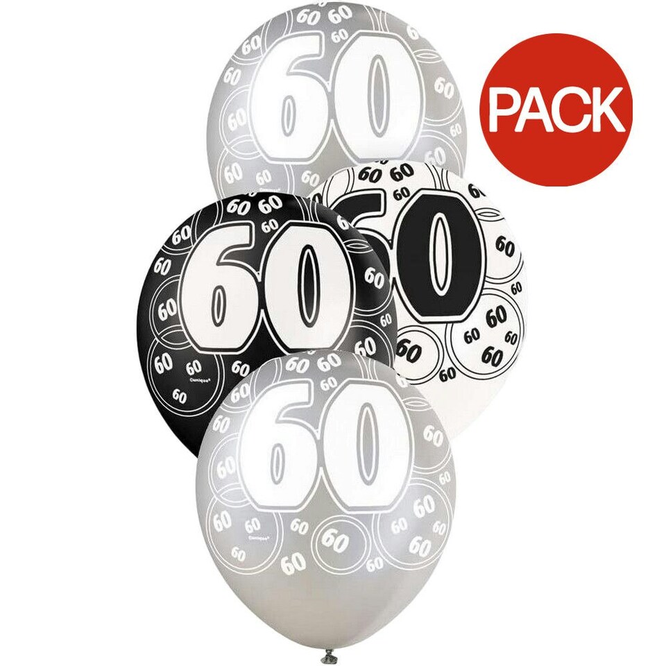 Unique Party Latex Glitz 60th Birthday Balloon (Pack of 6) - Black/Silver/White - One Size