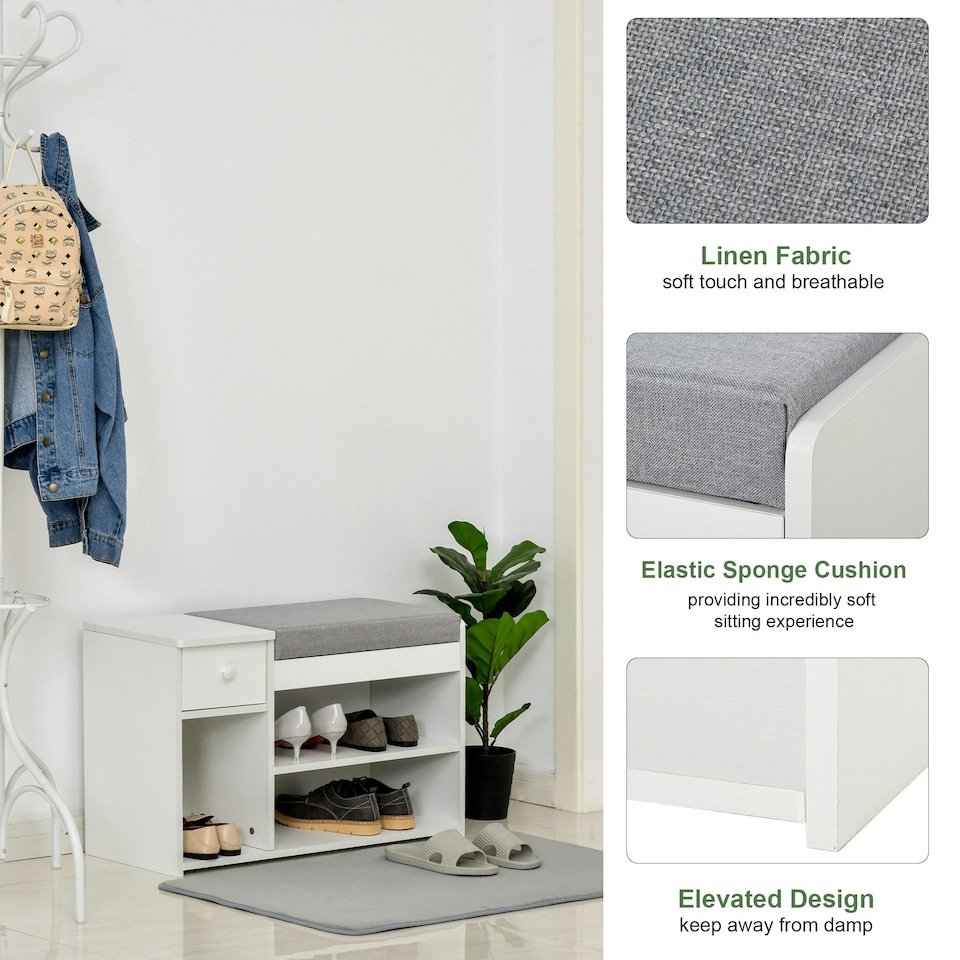 image 1 of HOMCOM Multi-Storage Shoe Bench Drawer 3 Compartments Cushion Home Boots White White