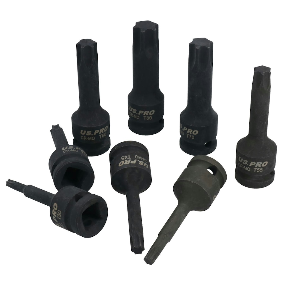 image 1 of 1/2in Drive Impact Impacted Male Torx Star Sockets Deep Sized T30 - T80 8pc