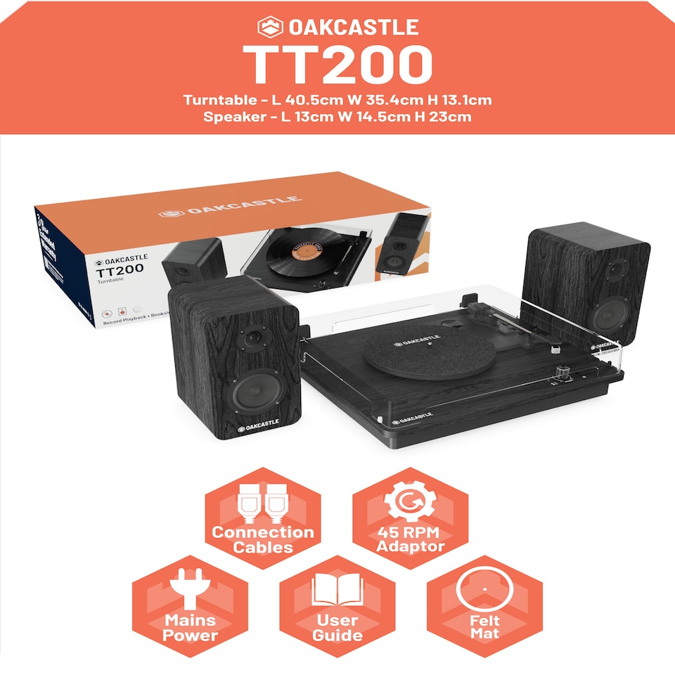 image 1 of Oakcastle TT200 Record Player | Built in Speakers 20W | 33/45/78 RPM | Separate Bookshelf Speakers 50W