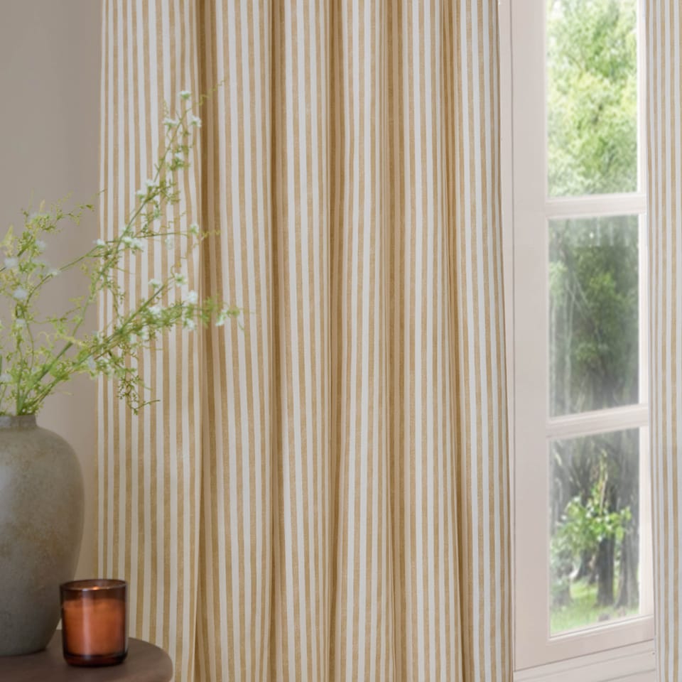 image 1 of Hebden Striped Cotton Eyelet Curtain Pair, 168 x 137cm, Honey Yellow | Yellow | Honey Yellow