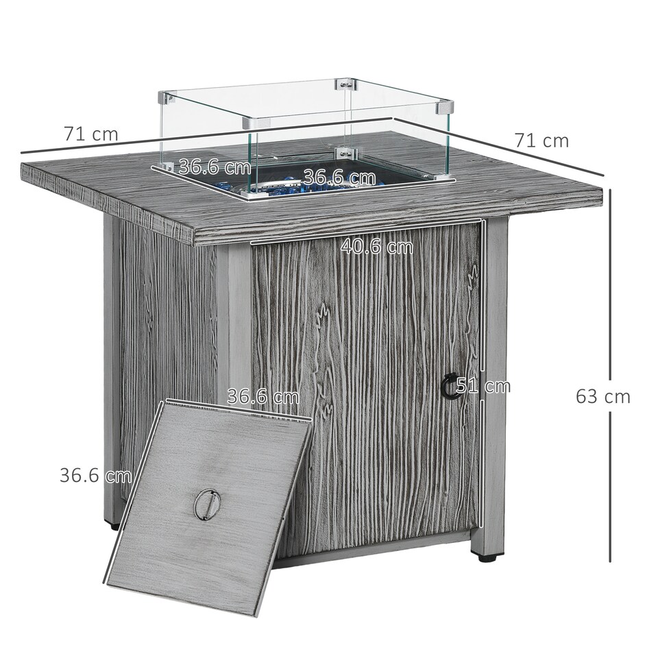 image 1 of Outsunny Propane Gas Fire Pit Table for Garden, 40000 BTU Smokeless Firepit Outdoor Patio Heater with Waterproof Cover, Glass Screen, Glass Beads and Lid, Wood Effect, 71 x 71 x 63cm, Grey