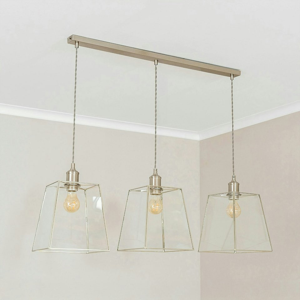 image 1 of ValueLights Susie Glass Lantern Lamp Shade 3 Drop Brushed Chrome Diner Ceiling Pendant Light Silver