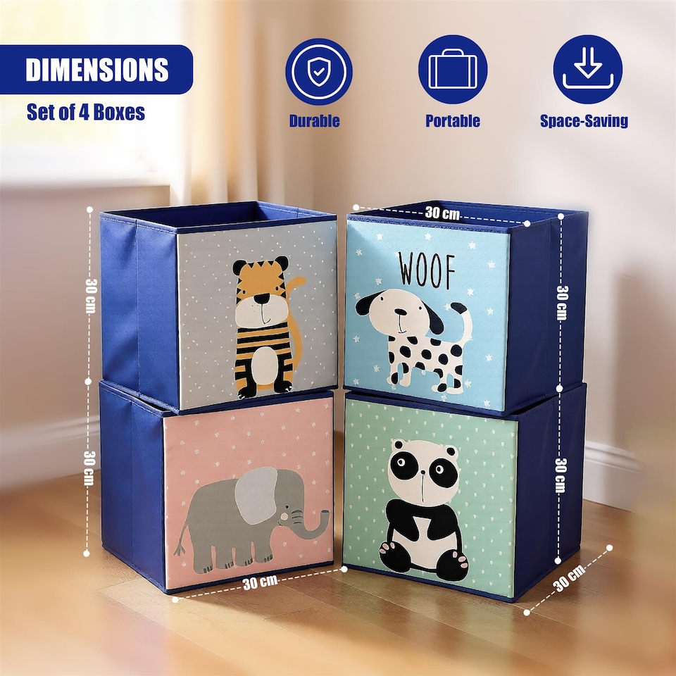 image 1 of The Magic Toy Shop Set Of 4 Animal Storage Boxes Foldable Blue Cubes