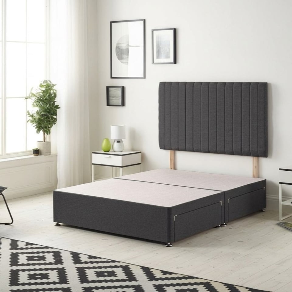image 1 of Texas Divan Bed Base with 2 Drawers & 30 Inch Headboard Plush Velvet | Black | Black