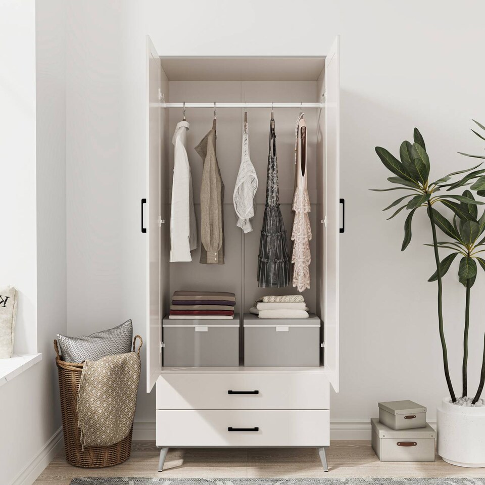 image 1 of DEVON Wardrobe 2 Door 2 Drawer Modern Bedroom Clothes Storage Hanging Rail 180cm | Grey | Grey White | 1