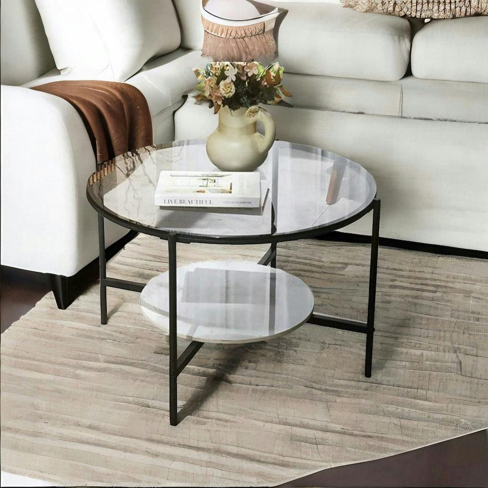 image 1 of 2 Tier Round Faux Marble Glass Coffee Table Heavy Duty Black
