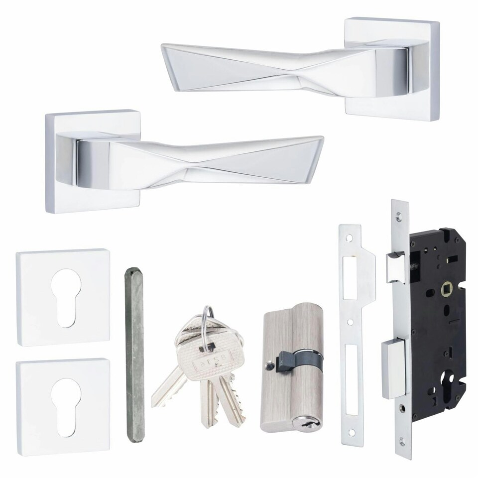 image 1 of Golden Grace Modern Aura Euro Lock Door Handles in Polished Chrome Finish with 70mm Key and Barrell Chrome