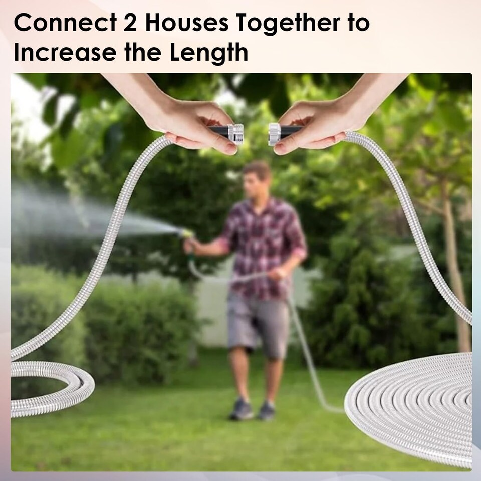image 1 of 100FT Garden Hose Pipe Stainless Steel Lightweight Durable Strong Kink Free Leakproof Rust-Proof Spray Water Gun HosePipe Reel 30M