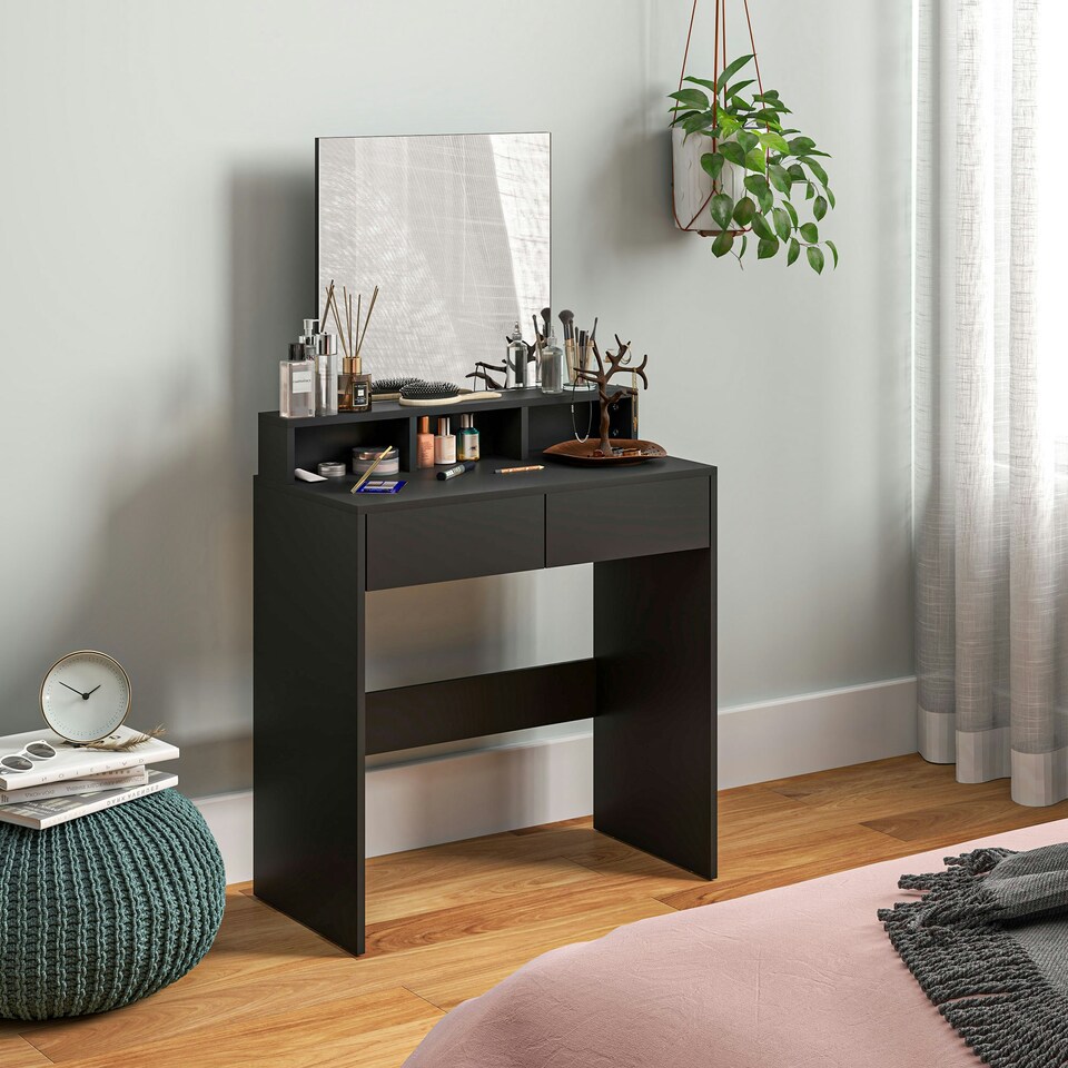image 1 of HOMCOM Dressing Table with Mirror, Drawers, for Bedroom, Black Black