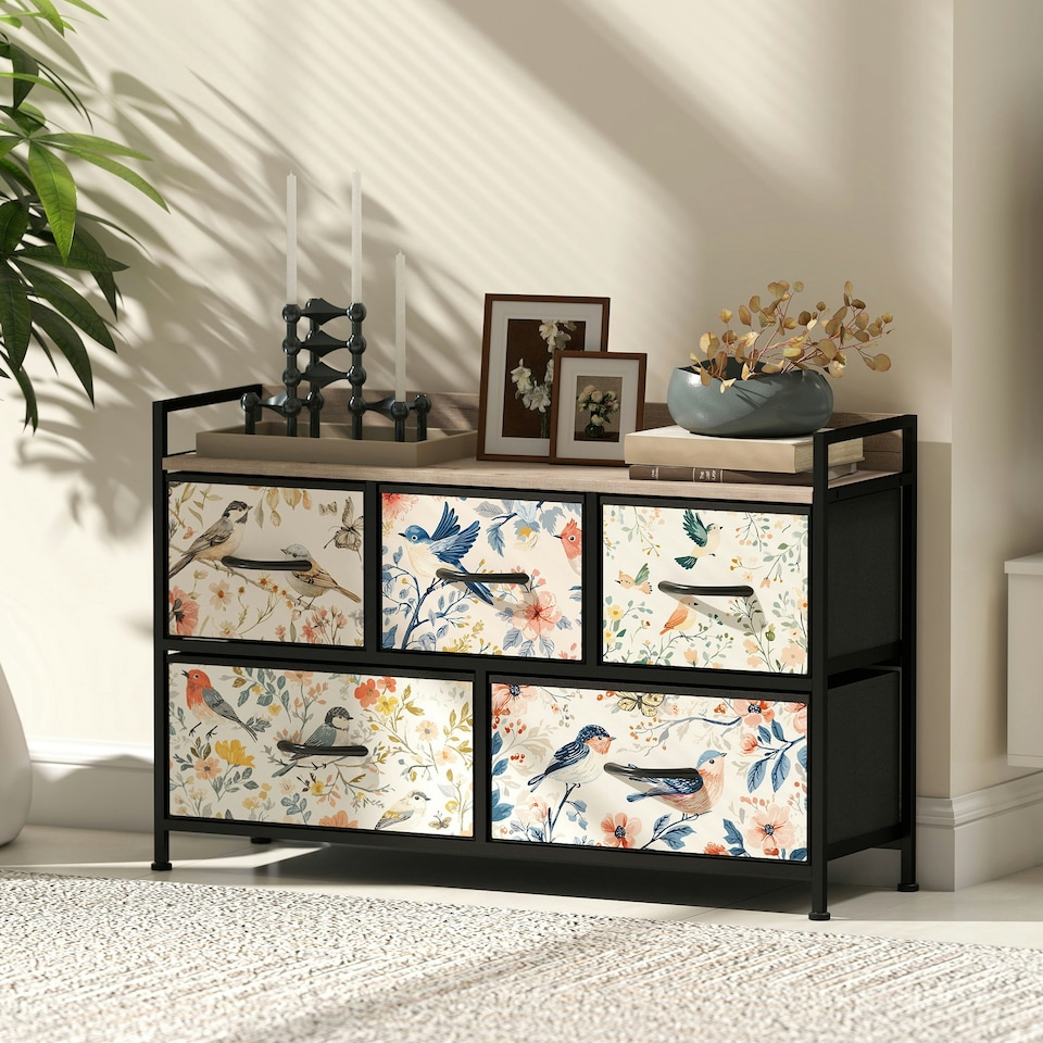 image 1 of HOMCOM 5-Drawer Chest of Drawers, Fabric Dresser, White | White | Black, Floral Pattern | One Size | 1