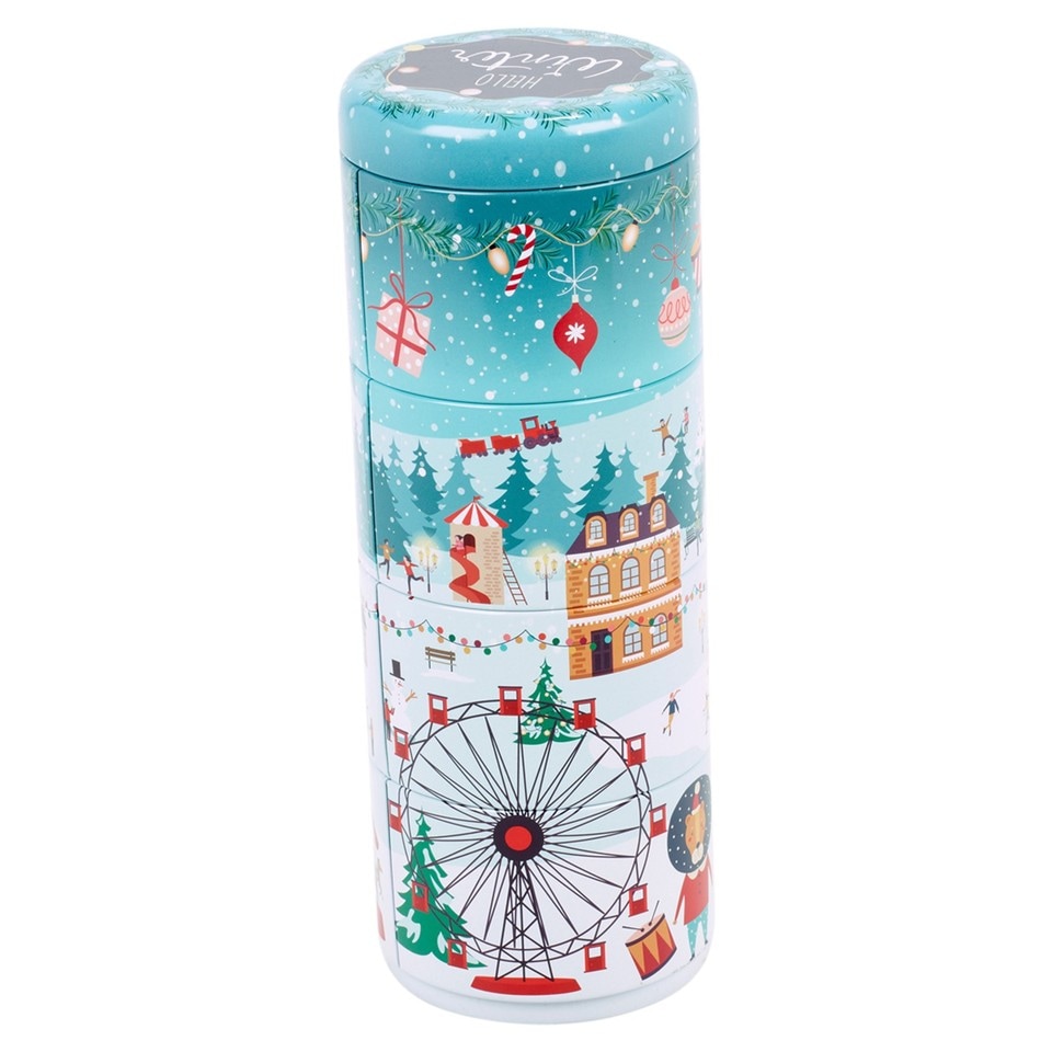 image 1 of Christmas Metal Storage Mini Tins Set Nesting Stacking Containers Festive Design | Multi | Teal