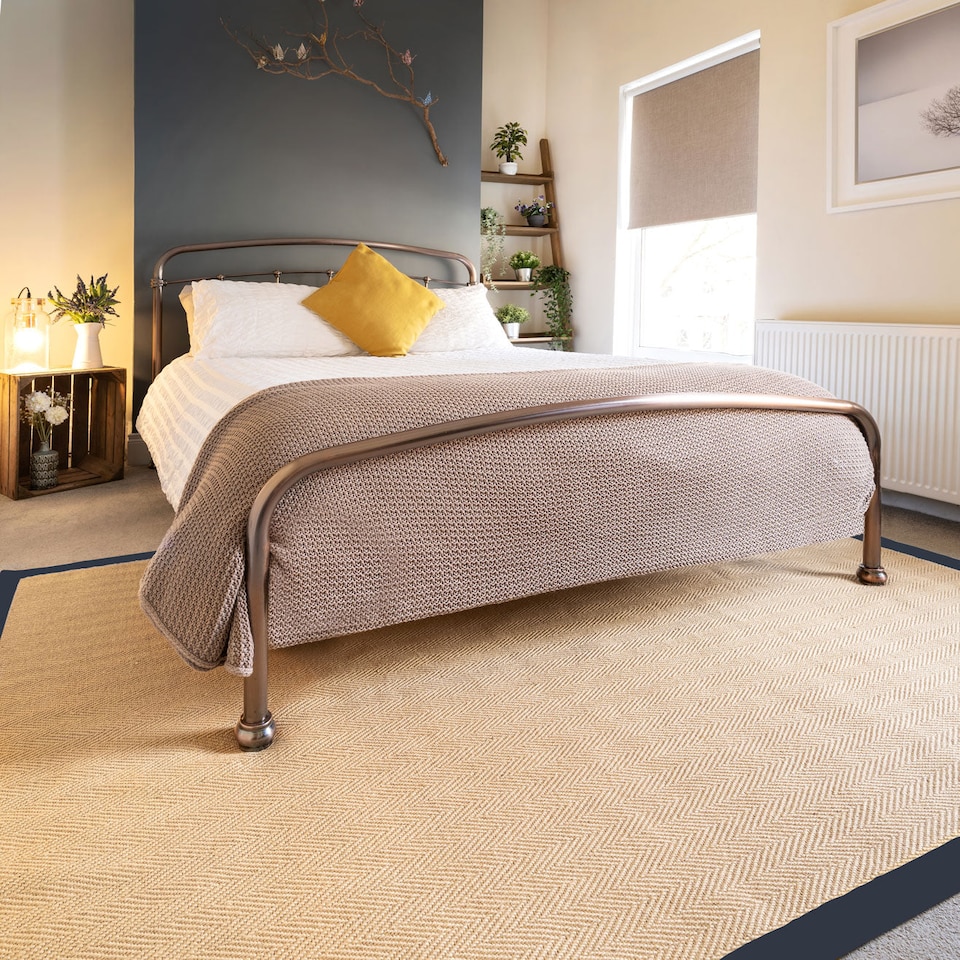 image 1 of KUKOON Beige Natural Jute Herringbone Pattern Non Slip Navy Border Rug 200cm x 290cm