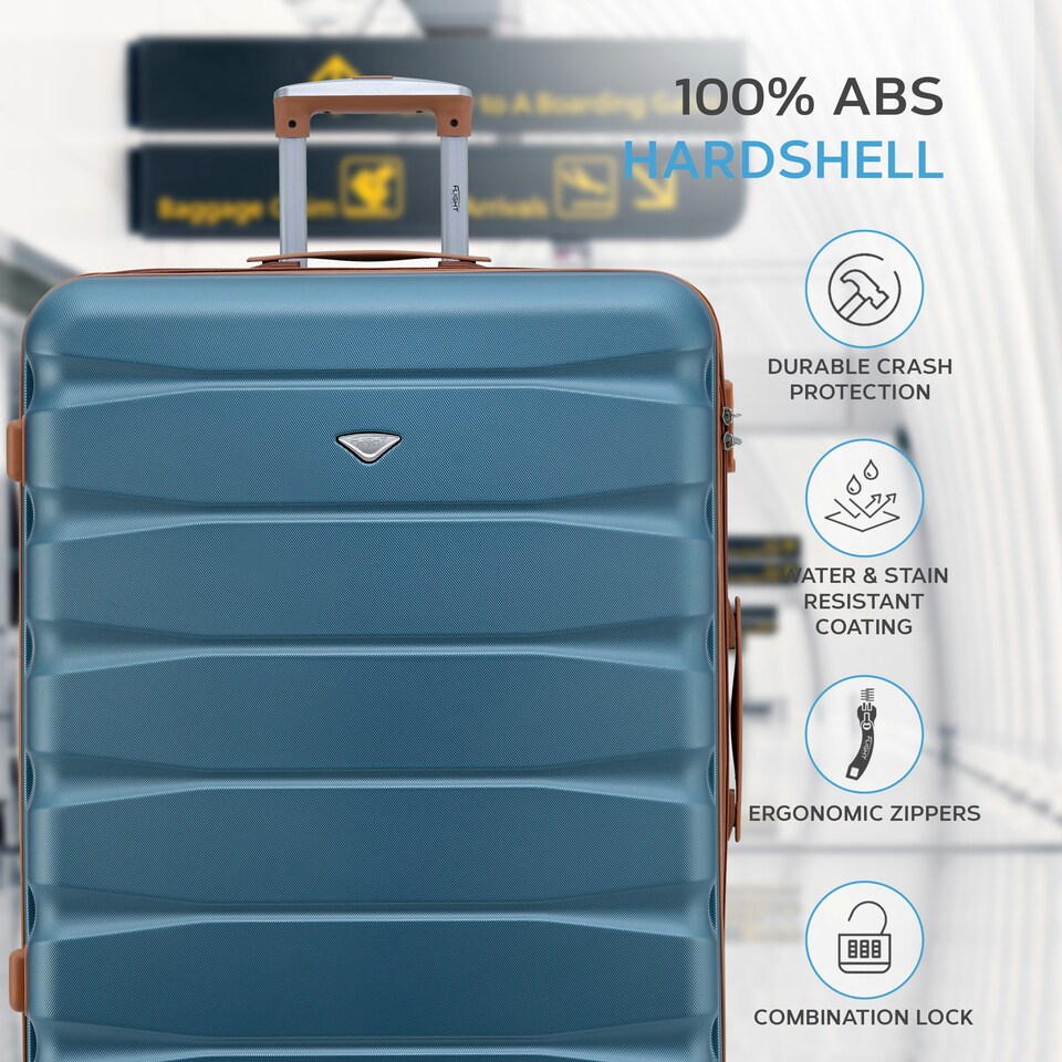 image 1 of Flight Knight 29" Extra Large Suitcase – 20kg Capacity Hard Shell Check-In Luggage with 4 Wheels  100+ Airlines Approved: Ryanair, EasyJet, Jet2, Wizz Air, BA Blue | Blue/Tan | Large