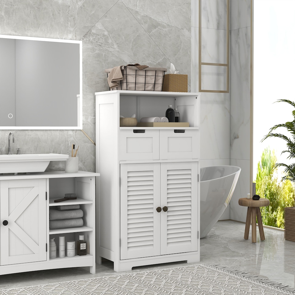 image 1 of kleankin Bathroom Cabinet with Drawers, Bathroom Storage Cabinet with Louvred Doors, Open Compartment and Adjustable Shelf for Washroom, White