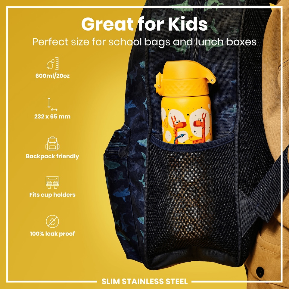 image 1 of Leak Proof Slim Water Bottle, Stainless Steel, 600ml (20oz) | Yellow | Giraffes | One Size
