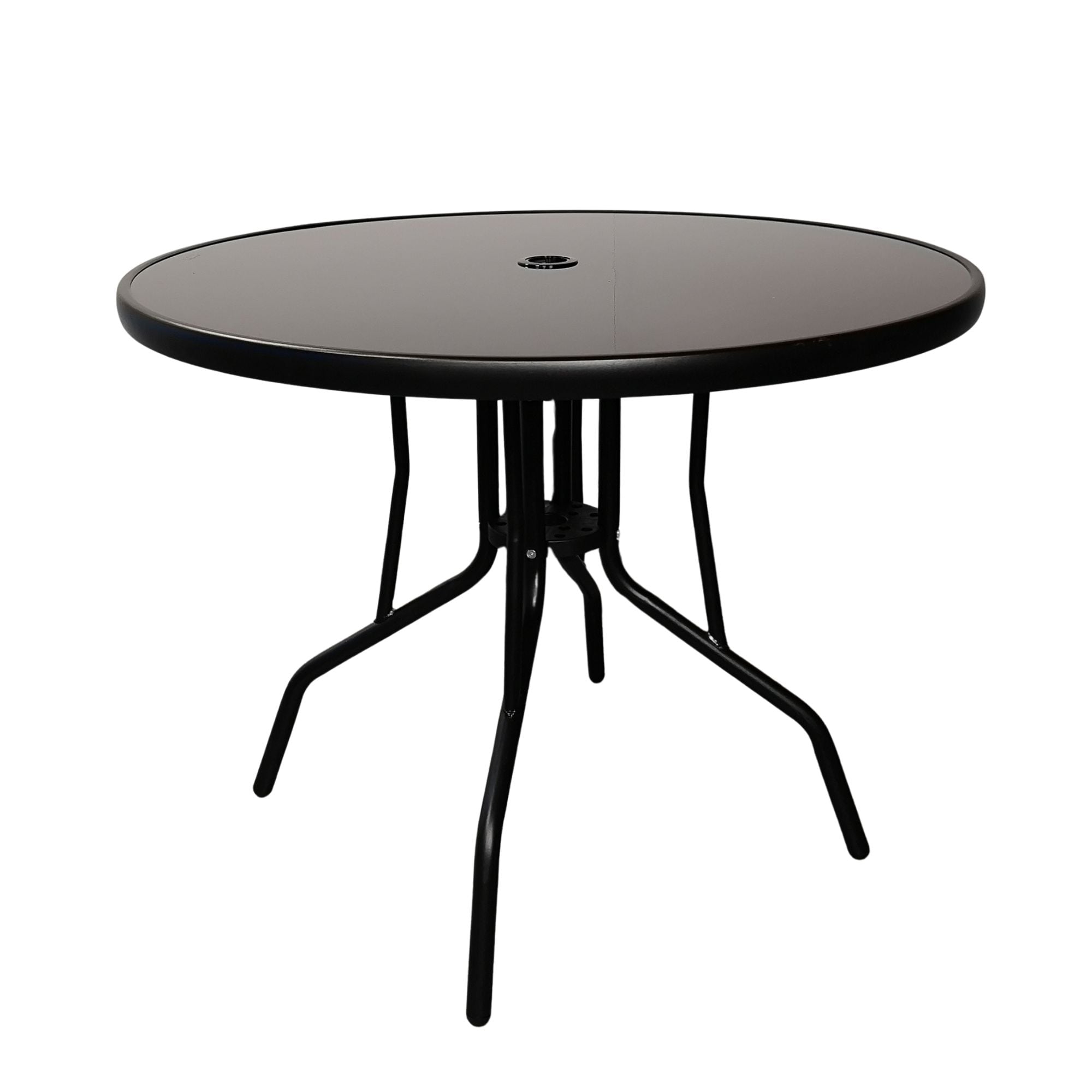 4 Person Round Black Garden Table with Glass Top & Parasol Hole