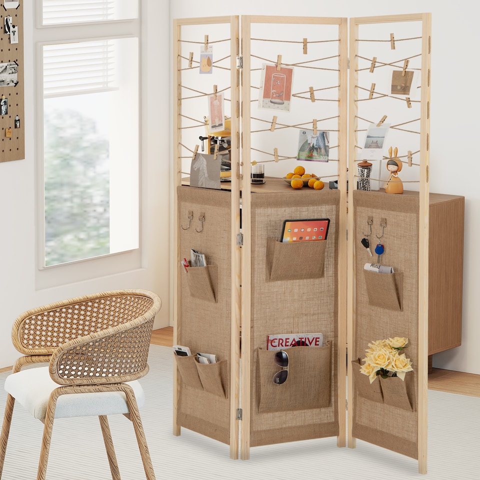 image 1 of COSTWAY 3 Panel Room Divider Folding Display Stand 8 Storage Pockets Natural