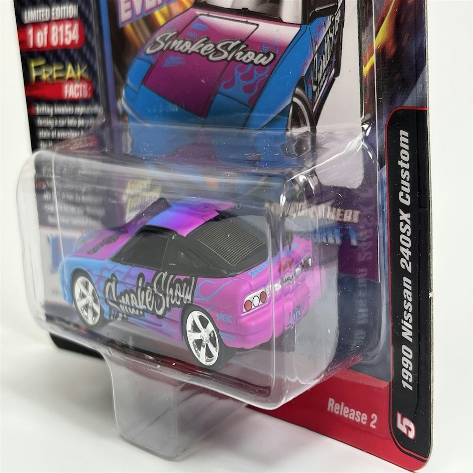 image 1 of 1990 Nissan 240SX Custom Bright Cyan with Magenta Flames 1:64 Johnny Lightning JLSF024A