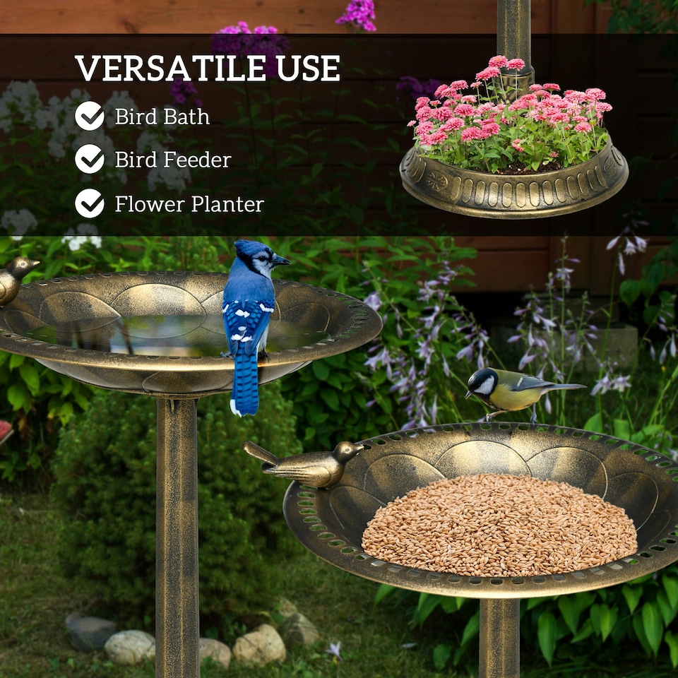 image 1 of Outsunny 72cm Tall Bird Bath with Bird Decoration for Garden, Bronze Tone